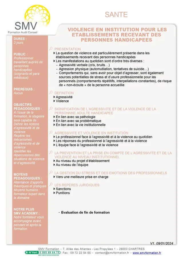 Fiche programme de la formation Violence en institution pour les établissements recevant des personnes handicapées : durée, public, prérequis, objectifs pédagogiques et contenu