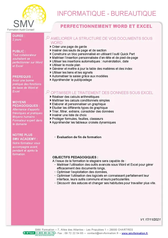 Fiche programme de la formation Perfectionnement Word et Excel 2 jours : durée, public, prérequis, objectifs pédagogiques et contenu