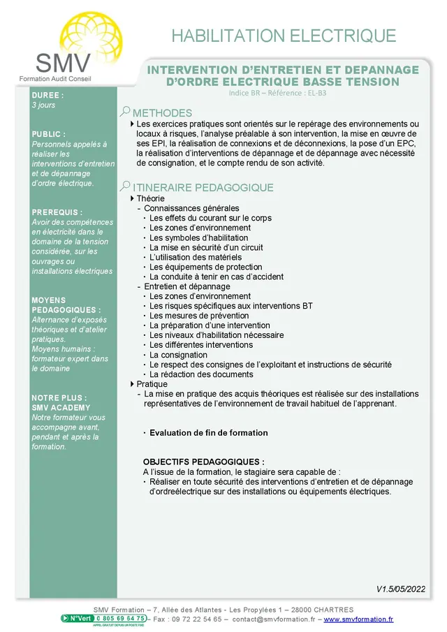 Fiche programme de la formation Intervention d’entretien et dépannage d’ordre électrique basse tension BR Initial : durée, public, prérequis, objectifs pédagogiques et contenu
