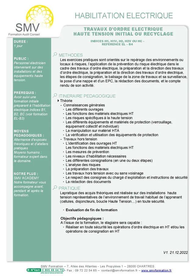 Fiche programme de la formation Travaux d’ordre électrique haute tension initial ou recyclage : durée, public, prérequis, objectifs pédagogiques et contenu