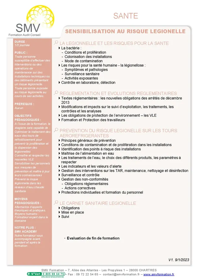 Fiche programme de la formation Sensibilisation au risque légionelle : durée, public, prérequis, objectifs pédagogiques et contenu