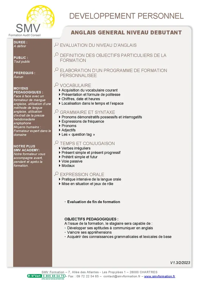 Fiche programme de la formation Anglais général niveau débutant : durée, public, prérequis, objectifs pédagogiques et contenu