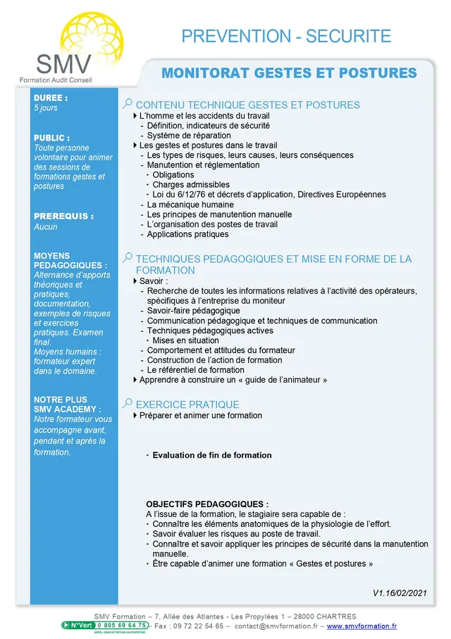 Fiche programme de la formation Monitorat gestes et postures : durée, public, prérequis, objectifs pédagogiques et contenu