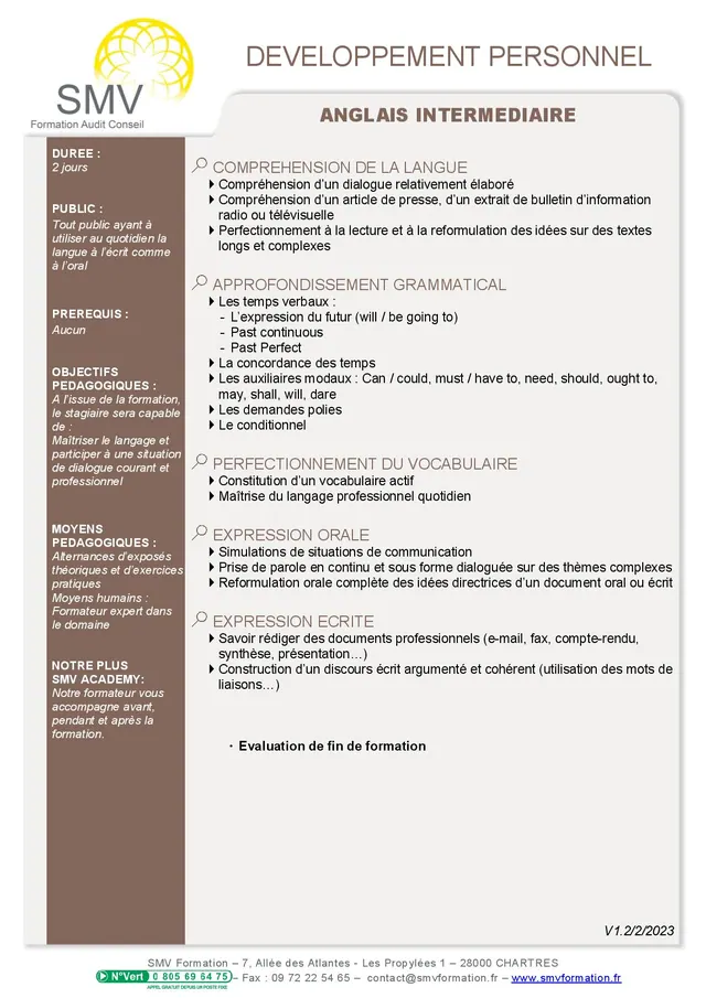 Fiche programme de la formation Anglais niveau intermédiaire : durée, public, prérequis, objectifs pédagogiques et contenu