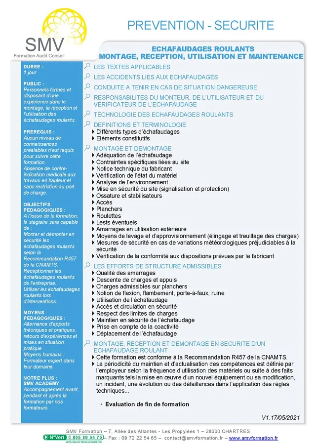 Fiche programme de la formation Echafaudages roulants, montage, réception, utilisation et maintenance : durée, public, prérequis, objectifs pédagogiques et contenu