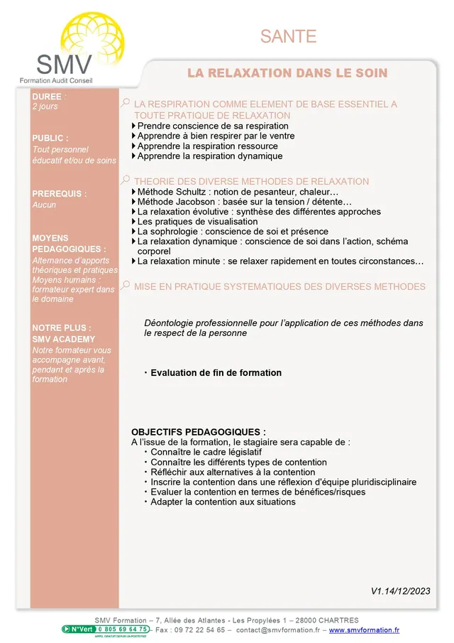 Fiche programme de la formation la relaxation dans le soin : durée, public, prérequis, objectifs pédagogiques et contenu