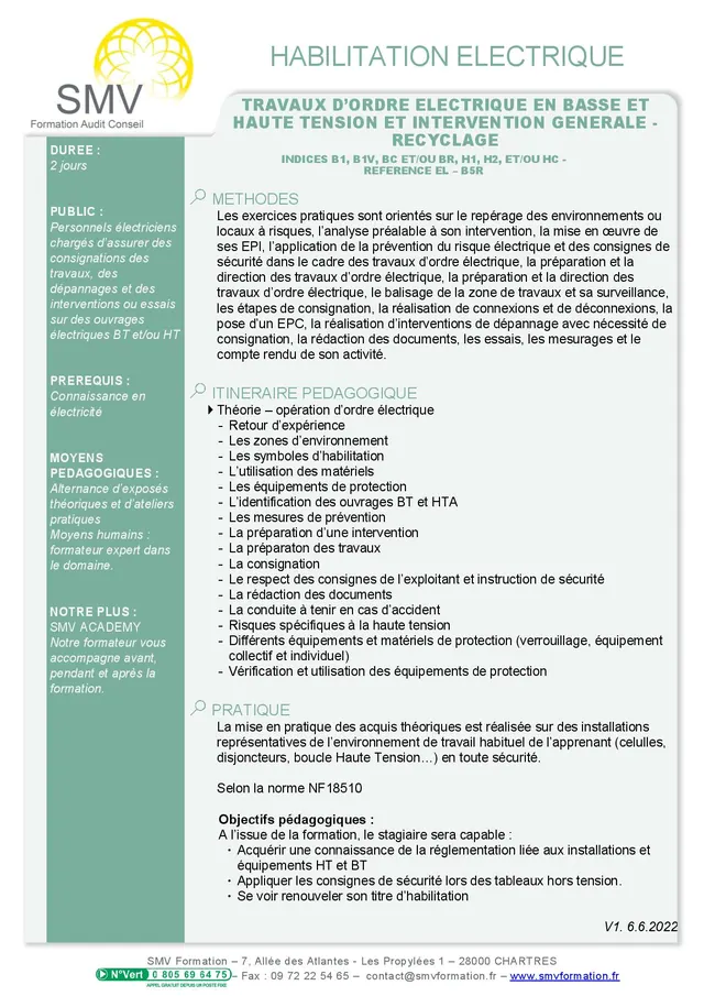 Fiche programme de la formation Travaux d’ordre électrique en basse et haute tension et intervention générale recyclage : durée, public, prérequis, objectifs pédagogiques et contenu