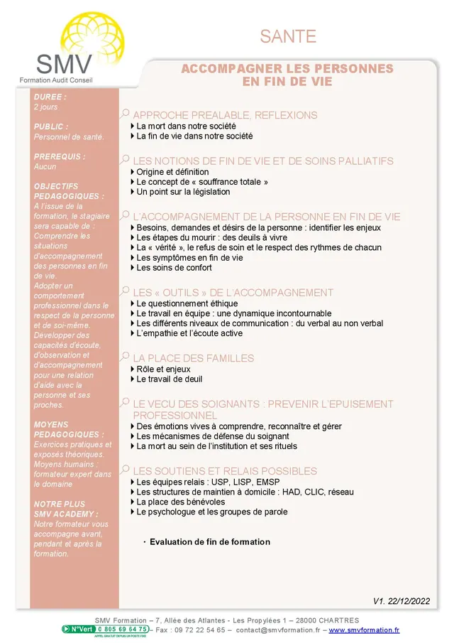 Fiche programme de la formation Accompagner les personnes en fin de vie : durée, public, prérequis, objectifs pédagogiques et contenu