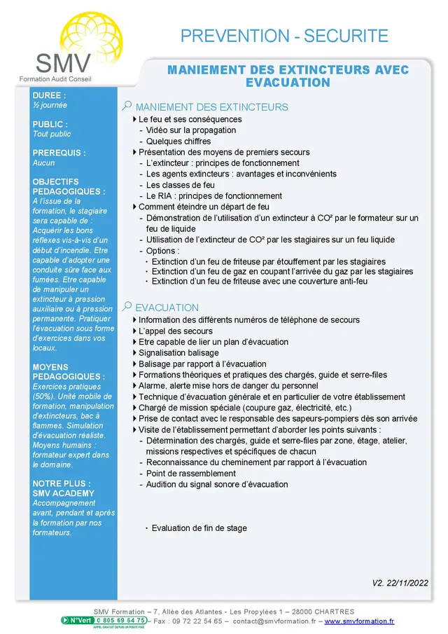 Fiche programme de la formation Maniement des extincteurs avec Evacuation Demi-journée : durée, public, prérequis, objectifs pédagogiques et contenu