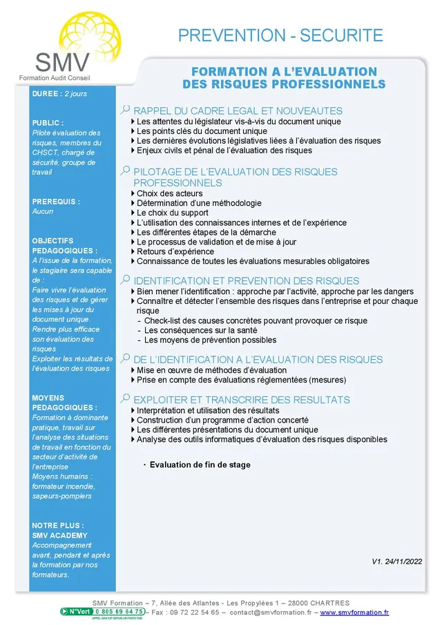Fiche programme de la formation Evaluation des risques professionnels : durée, public, prérequis, objectifs pédagogiques et contenu