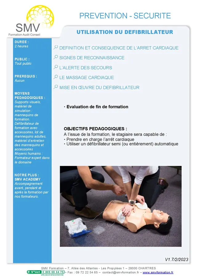 Fiche programme de la formation Utilisation du défibrillateur : durée, public, prérequis, objectifs pédagogiques et contenu