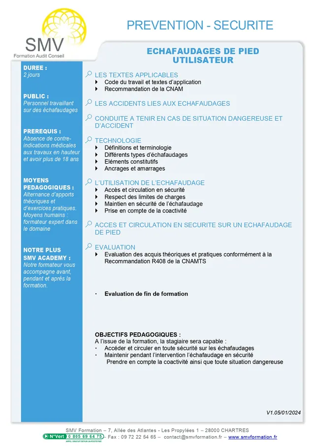 Fiche programme de la formation échafaudage de pieds utilisateur : durée, public, prérequis, objectifs pédagogiques et contenu