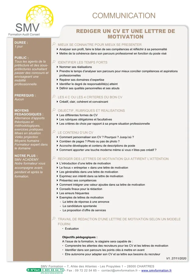 Fiche programme de la formation Rédiger un CV et une lettre de motivation : durée, public, prérequis, objectifs pédagogiques et contenu