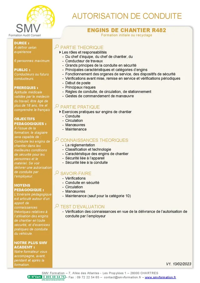 Fiche programme de la formation Autorisation de conduite R482 : durée, public, prérequis, objectifs pédagogiques et contenu