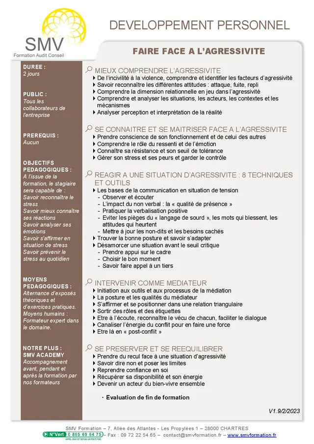 Fiche programme de la formation Faire face à l’agressivité : durée, public, prérequis, objectifs pédagogiques et contenu