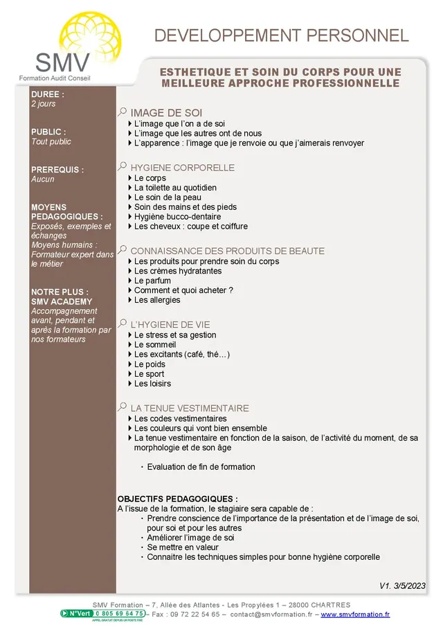 Fiche programme de la formation Esthétique et soin du corps pour une meilleure approche professionnelle : durée, public, prérequis, objectifs pédagogiques et contenu