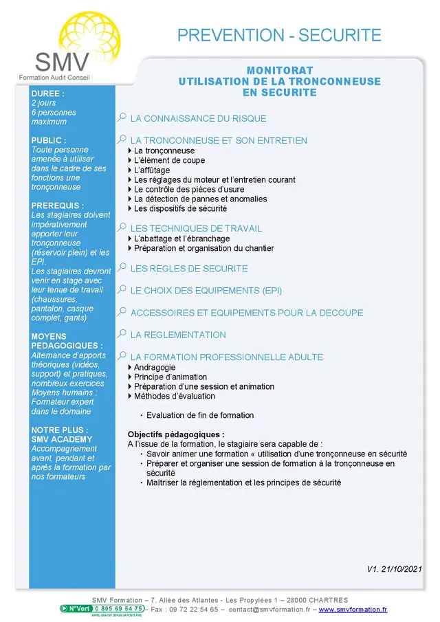 Fiche programme de la formation Monitorat Utilisation de la tronçonneuse en sécurité : durée, public, prérequis, objectifs pédagogiques et contenu