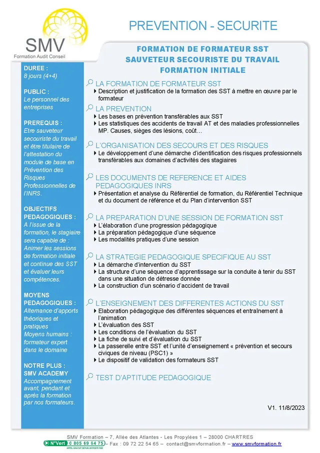 Fiche programme de la formation Formateur sauveteur secouriste du travail (sst) : durée, public, prérequis, objectifs pédagogiques et contenu
