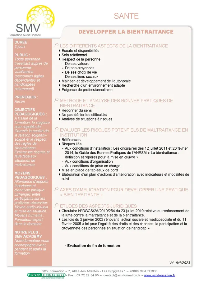 Fiche programme de la formation Développer la bientraitance 2 jours : durée, public, prérequis, objectifs pédagogiques et contenu