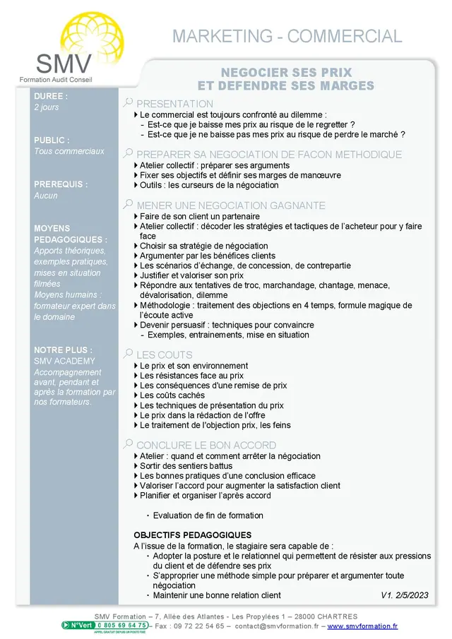 Fiche programme de la formation Négocier ses prix et défendre ses marges : durée, public, prérequis, objectifs pédagogiques et contenu