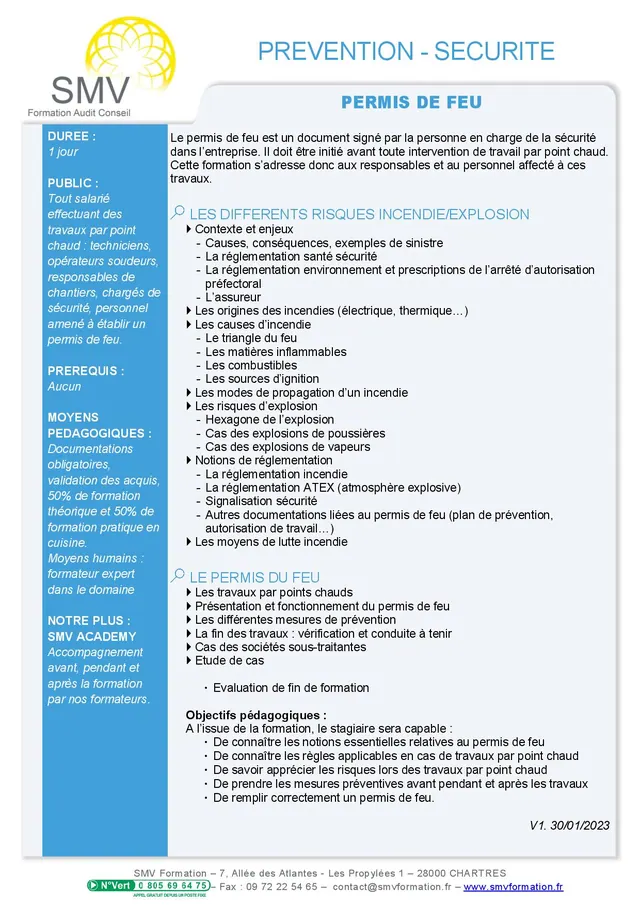 Fiche programme de la formation Permis de feu 1 jour : durée, public, prérequis, objectifs pédagogiques et contenu