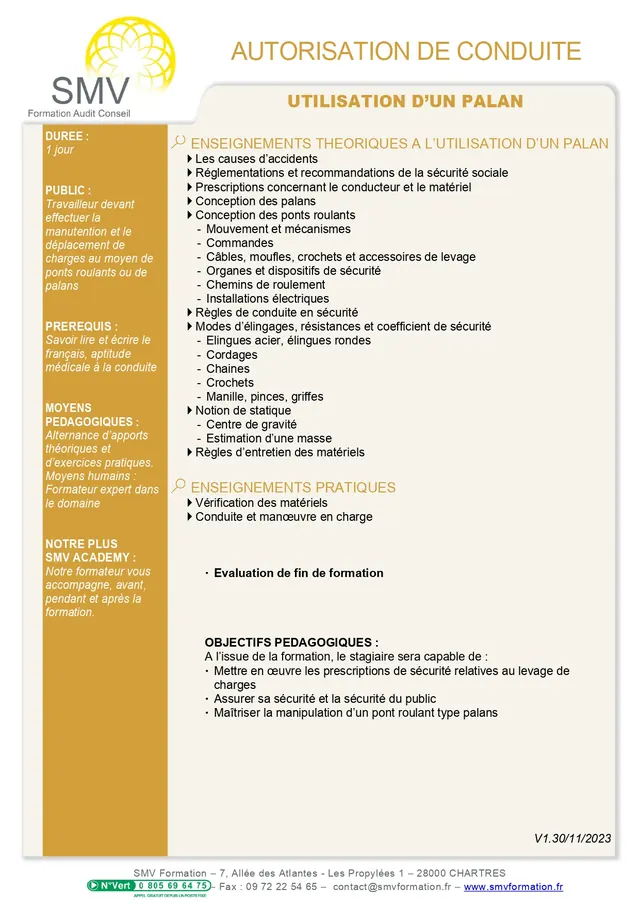 Fiche programme de la formation utilisation du palan : durée, public, prérequis, objectifs pédagogiques et contenu