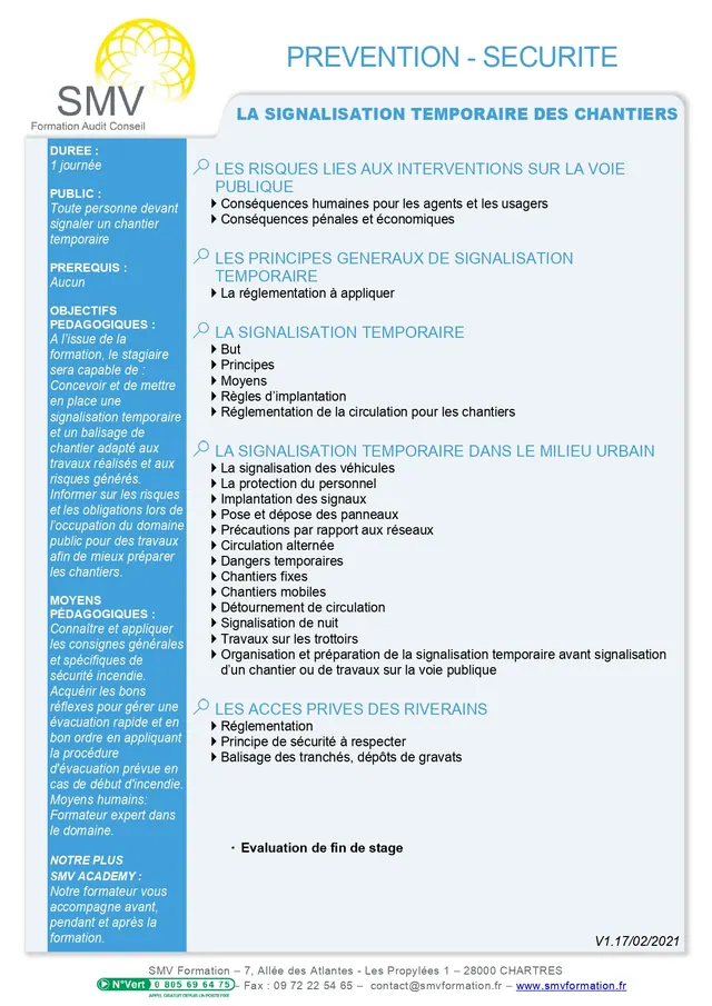 Fiche programme de la formation La signalisation temporaire des chantiers : durée, public, prérequis, objectifs pédagogiques et contenu