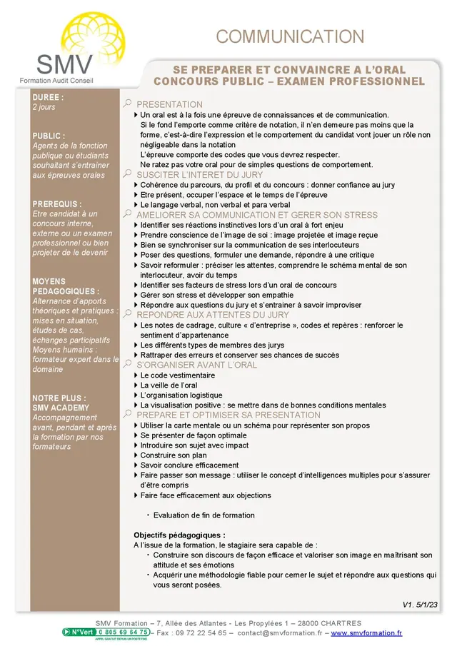 Fiche programme de la formation Se préparer à l’oral concours public examen professionnel : durée, public, prérequis, objectifs pédagogiques et contenu