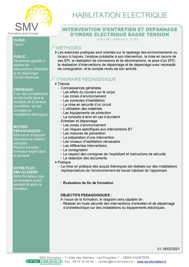 Fiche programme de la formation Intervention d’entretien et dépannage d’ordre électrique basse tension indice BR : durée, public, prérequis, objectifs pédagogiques et contenu