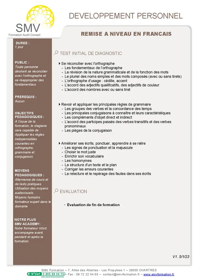 Fiche programme de la formation Remise a niveau en Français 1 jour : durée, public, prérequis, objectifs pédagogiques et contenu