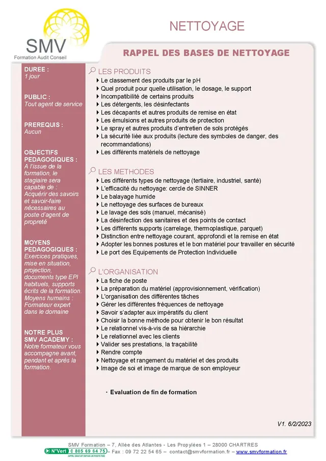 Fiche programme de la formation Rappel des bases nettoyage 1 jour : durée, public, prérequis, objectifs pédagogiques et contenu