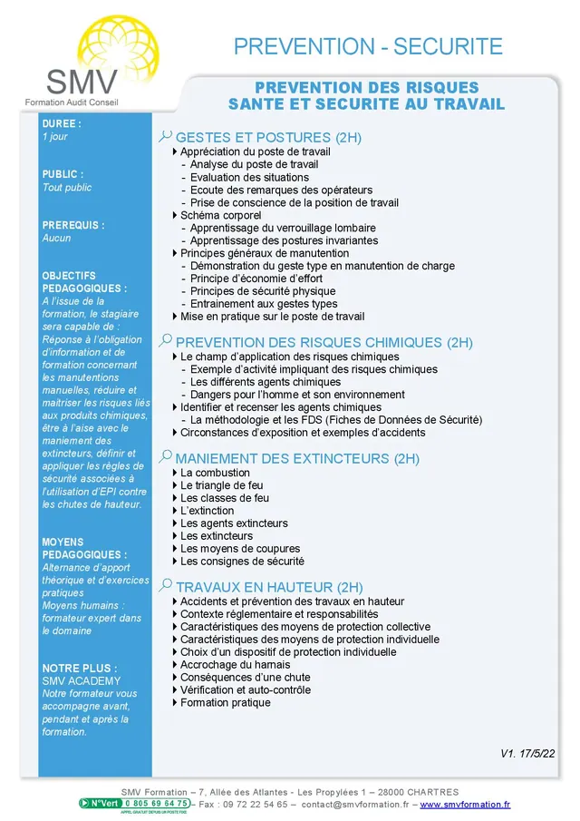 Fiche programme de la formation Prévention des risques santé et sécurité au travail : durée, public, prérequis, objectifs pédagogiques et contenu