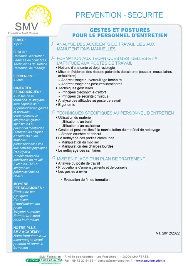 Fiche programme de la formation Gestes et postures pour le personnel d’entretien : durée, public, prérequis, objectifs pédagogiques et contenu