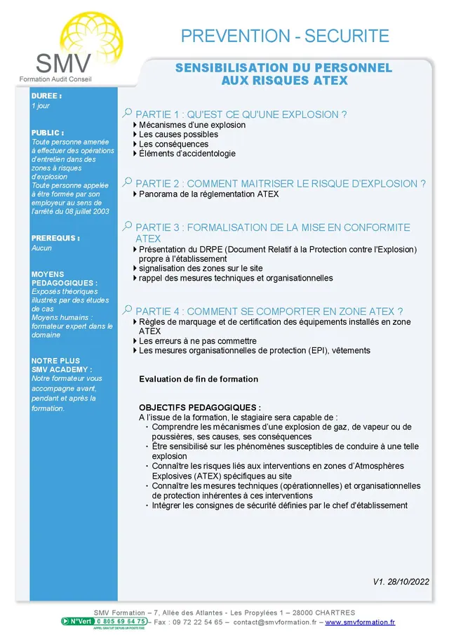 Fiche programme de la formation Sensibilisation du personnel aux risques Atex : durée, public, prérequis, objectifs pédagogiques et contenu