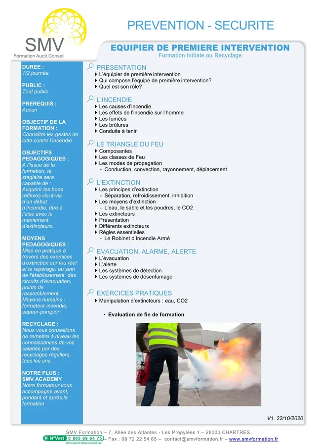 Fiche programme de la formation Equipier de Première Intervention 1/2 journée : durée, public, prérequis, objectifs pédagogiques et contenu