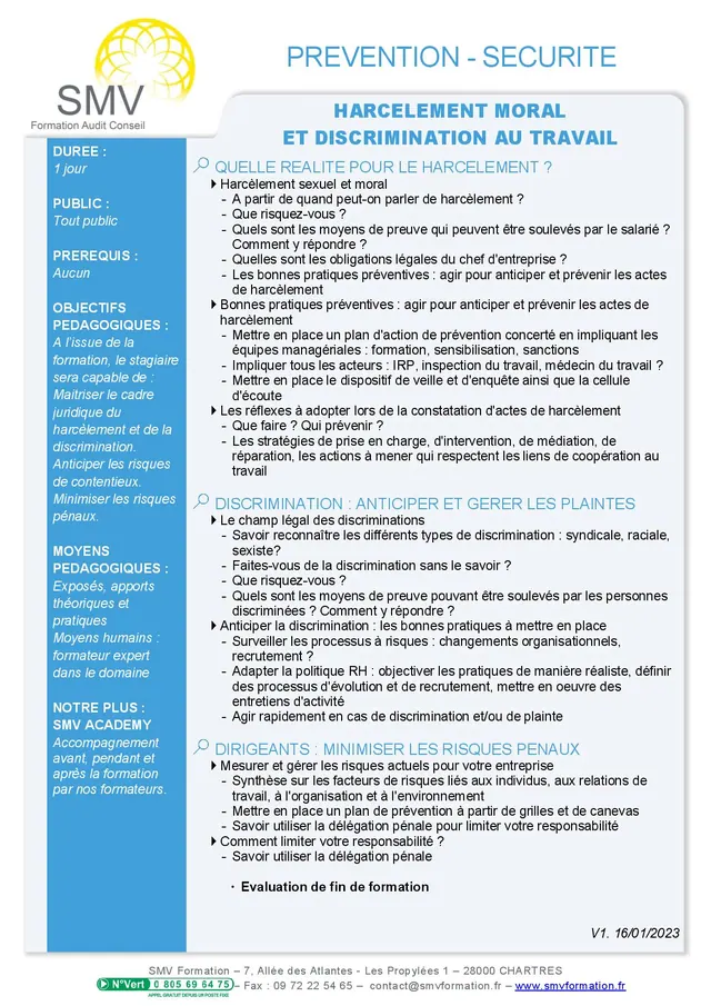Fiche programme de la formation Harcèlement moral et discrimination : durée, public, prérequis, objectifs pédagogiques et contenu