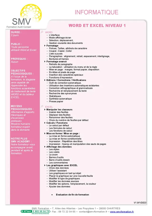 Fiche programme de la formation Word Excel niveau 1 : durée, public, prérequis, objectifs pédagogiques et contenu