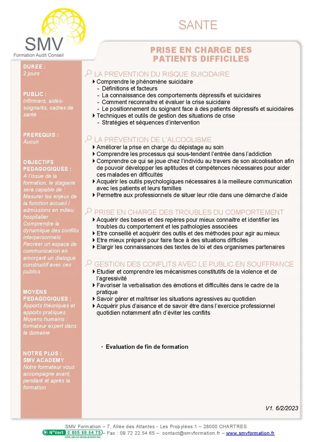 Fiche programme de la formation Prise en charge des patients difficiles : durée, public, prérequis, objectifs pédagogiques et contenu
