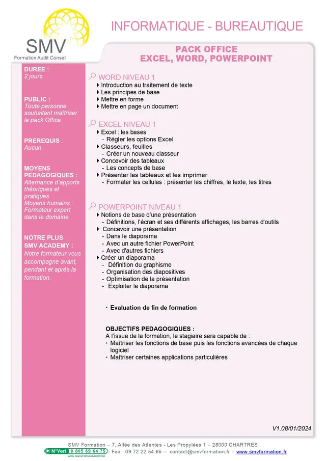 Fiche programme de la formation pack office niveau 1 en 2 jours : durée, public, prérequis, objectifs pédagogiques et contenu