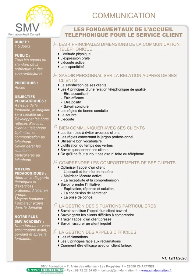 Fiche programme de la formation Les fondamentaux de l’accueil téléphonique pour le service client  préfecture : durée, public, prérequis, objectifs pédagogiques et contenu