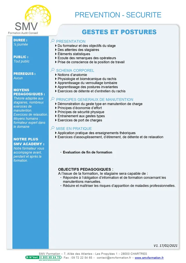 Fiche programme de la formation Gestes et postures demi-journée : durée, public, prérequis, objectifs pédagogiques et contenu