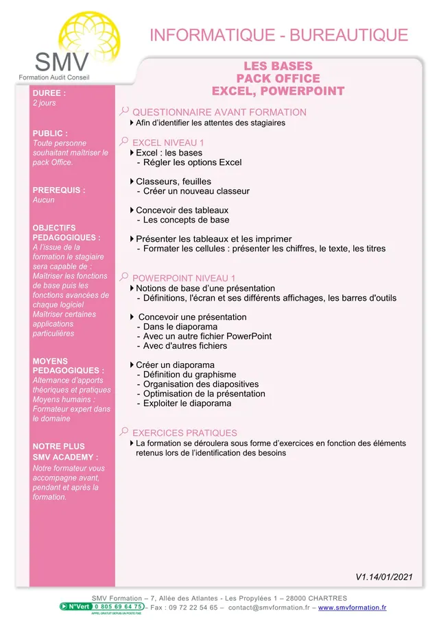 Fiche programme de la formation Les bases Pack Office Excel Powerpoint : durée, public, prérequis, objectifs pédagogiques et contenu