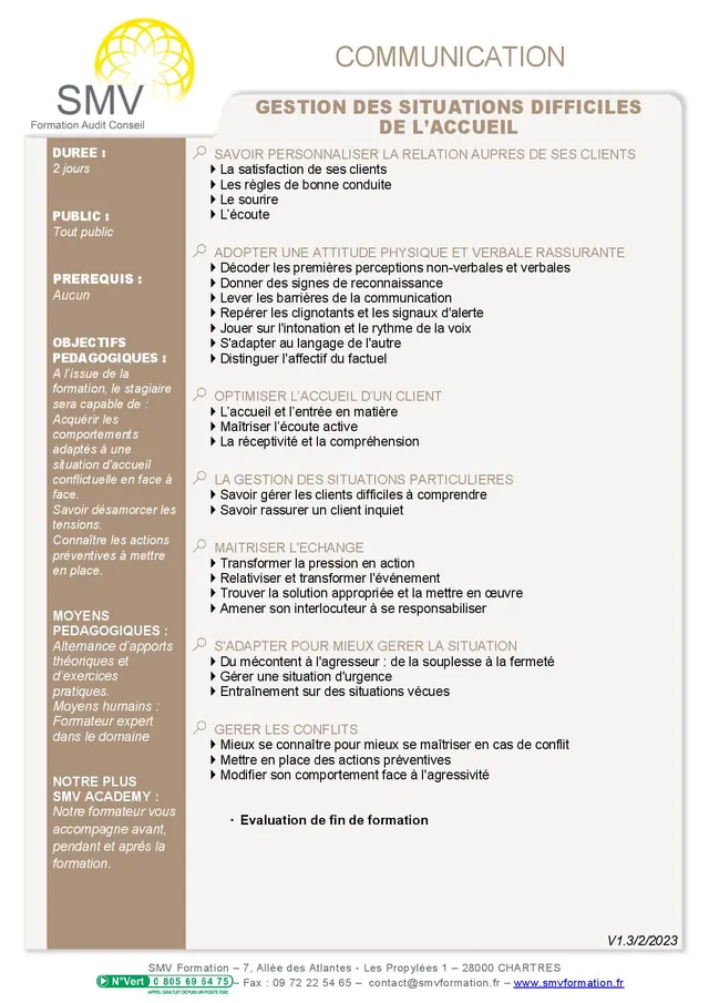 Fiche programme de la formation Gestion des situations difficiles accueil : durée, public, prérequis, objectifs pédagogiques et contenu