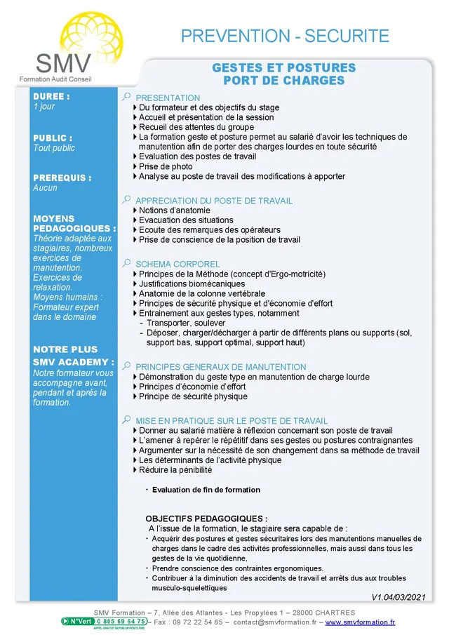 Fiche programme de la formation Gestes et postures port de charges lourdes : durée, public, prérequis, objectifs pédagogiques et contenu