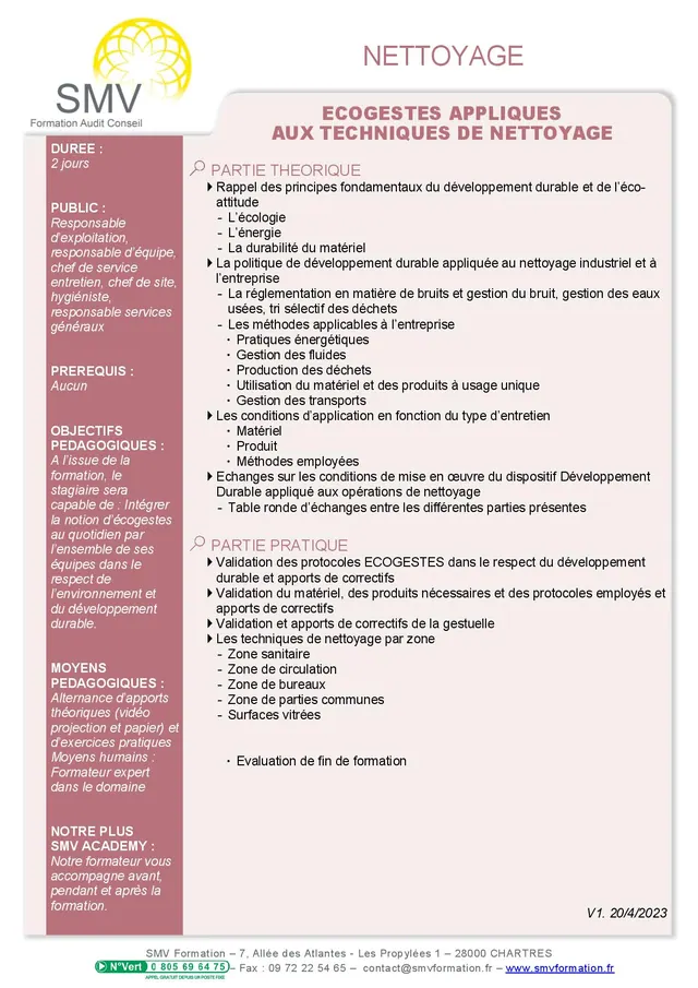 Fiche programme de la formation Ecogestes appliqués aux techniques de nettoyage : durée, public, prérequis, objectifs pédagogiques et contenu