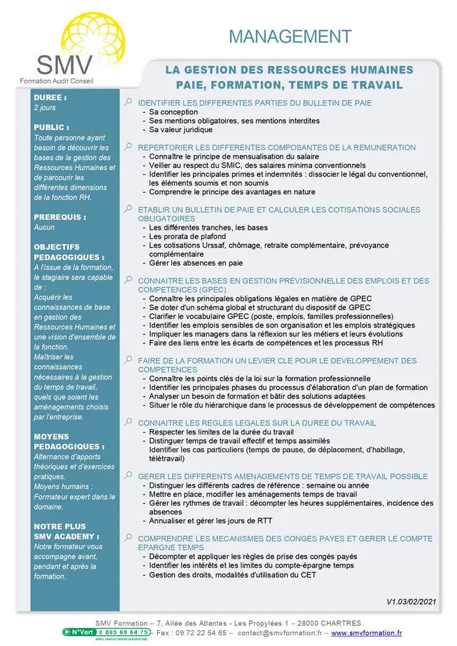 Fiche programme de la formation La gestion des Ressources Humaines : durée, public, prérequis, objectifs pédagogiques et contenu