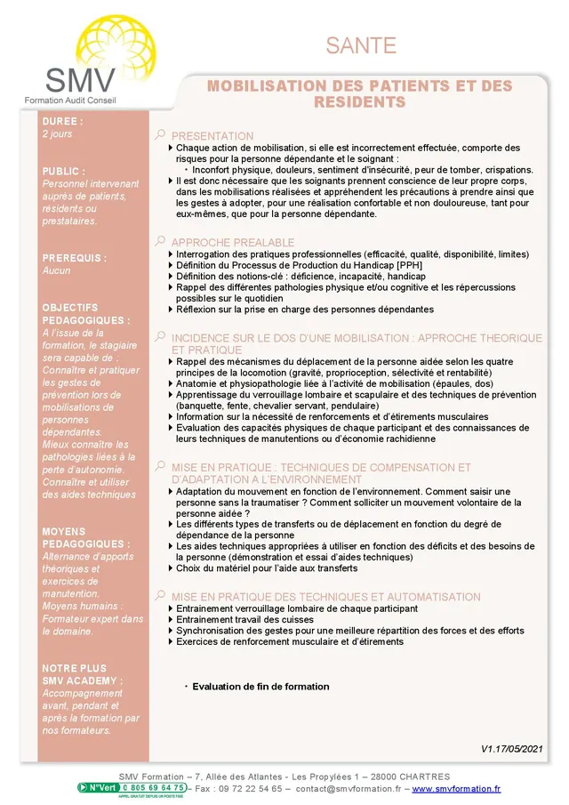 Fiche programme de la formation Mobilisation des patients et des résidents 2 jours : durée, public, prérequis, objectifs pédagogiques et contenu