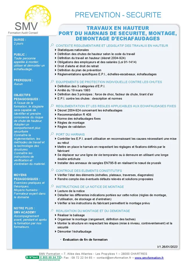 Fiche programme de la formation Travaux en Hauteur Port du Harnais, Démontage d’Échafaudage et Vérification Initial : durée, public, prérequis, objectifs pédagogiques et contenu