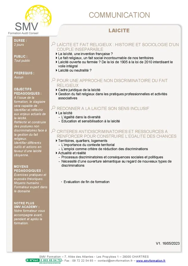 Fiche programme de la formation Laïcité : durée, public, prérequis, objectifs pédagogiques et contenu