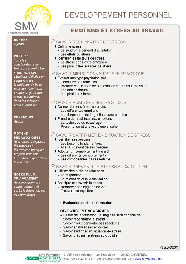 Fiche programme de la formation Emotions et stress au travail : durée, public, prérequis, objectifs pédagogiques et contenu